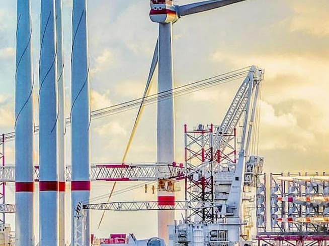Jack-up installation vessel loaded with wind turbine towers and blades